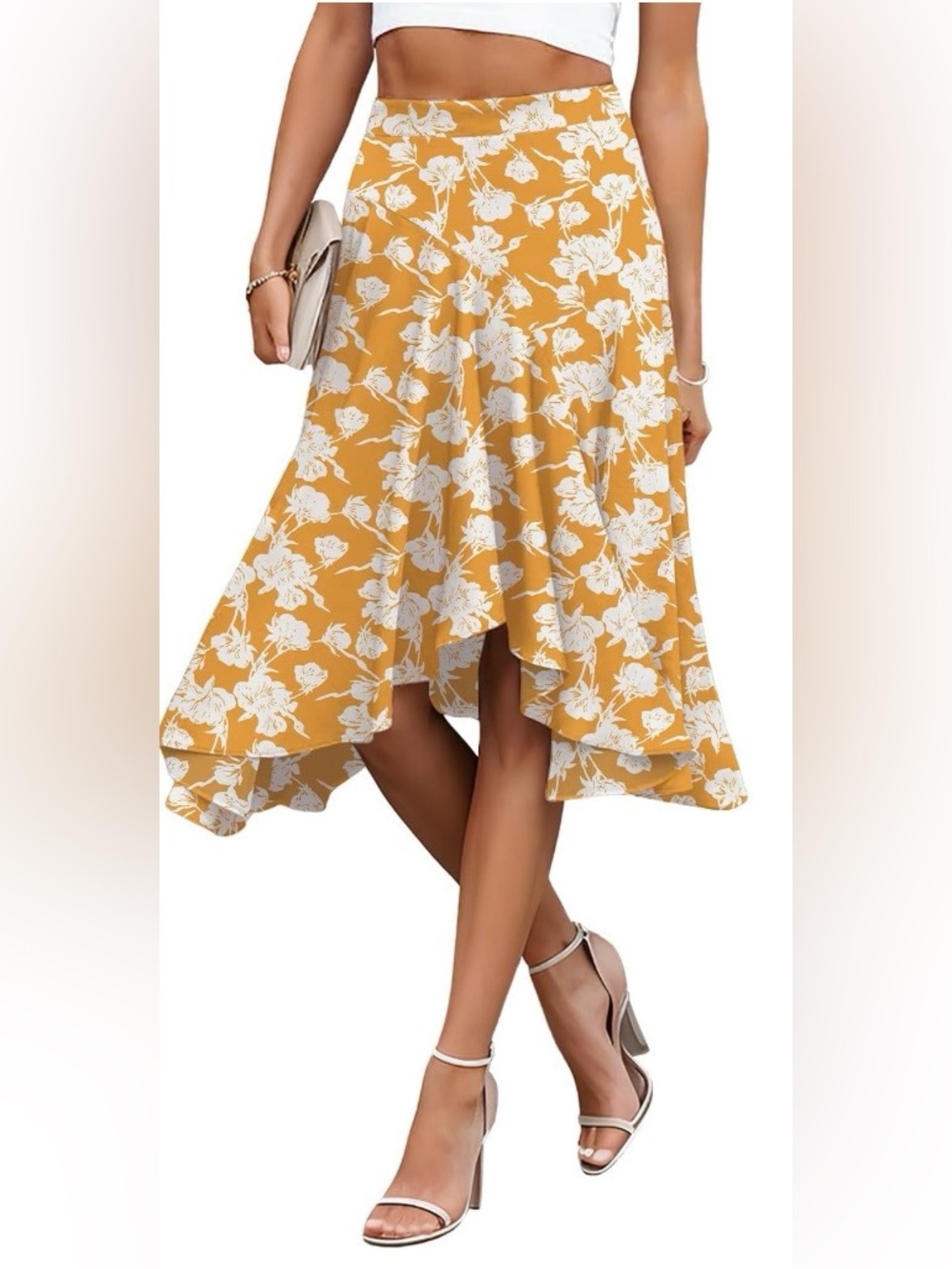 High-Low Floral Midi Skirt in Mustard Yellow